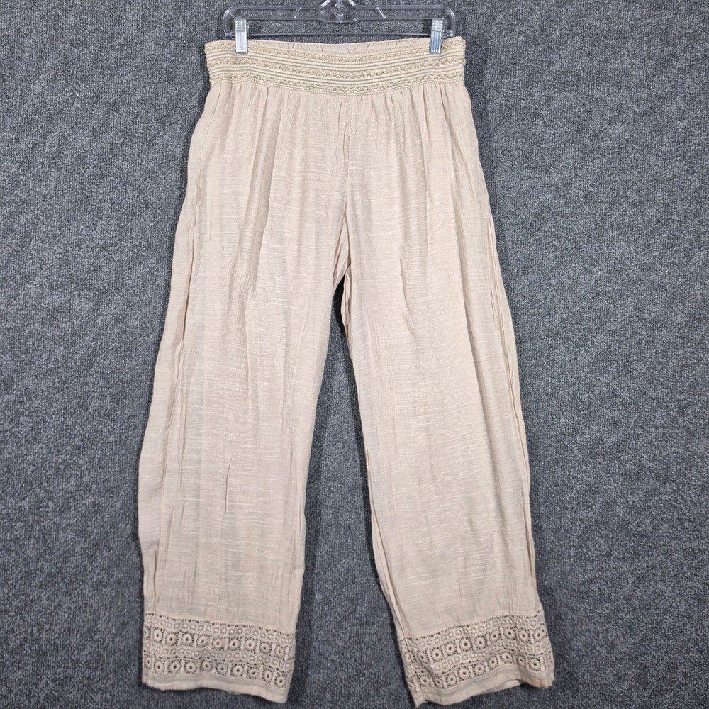JM‎ Collection Pants Womens PM Beige Smocked Waist Eyelet Lace Hem Wide Leg Boho